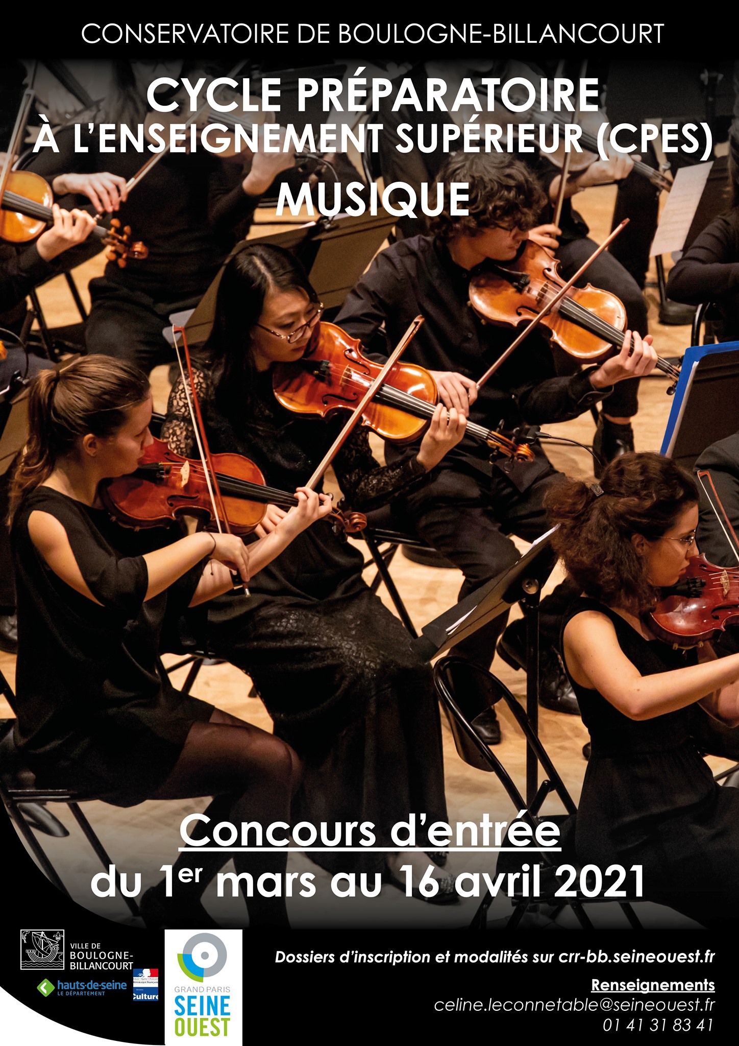 Affiche du conservatoire de Boulogne-Billancourt. Cycle préparatoire à l'enseignement supérieur (CPES) Musique. Concours d'entrée du 1er au 16 avril 2021