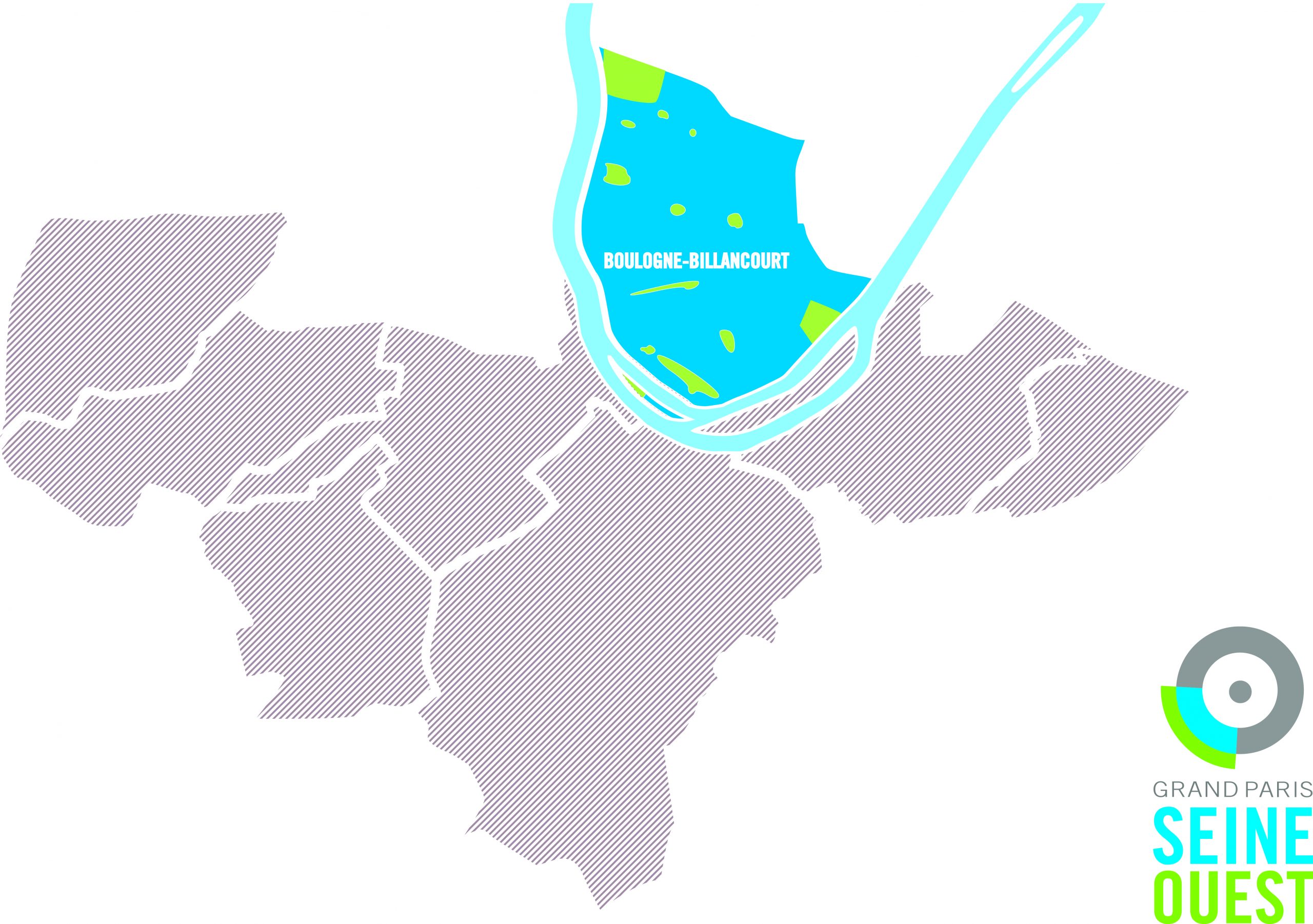 Carte du territoire : Boulogne-Billancourt en bleu, les autres villes en gris