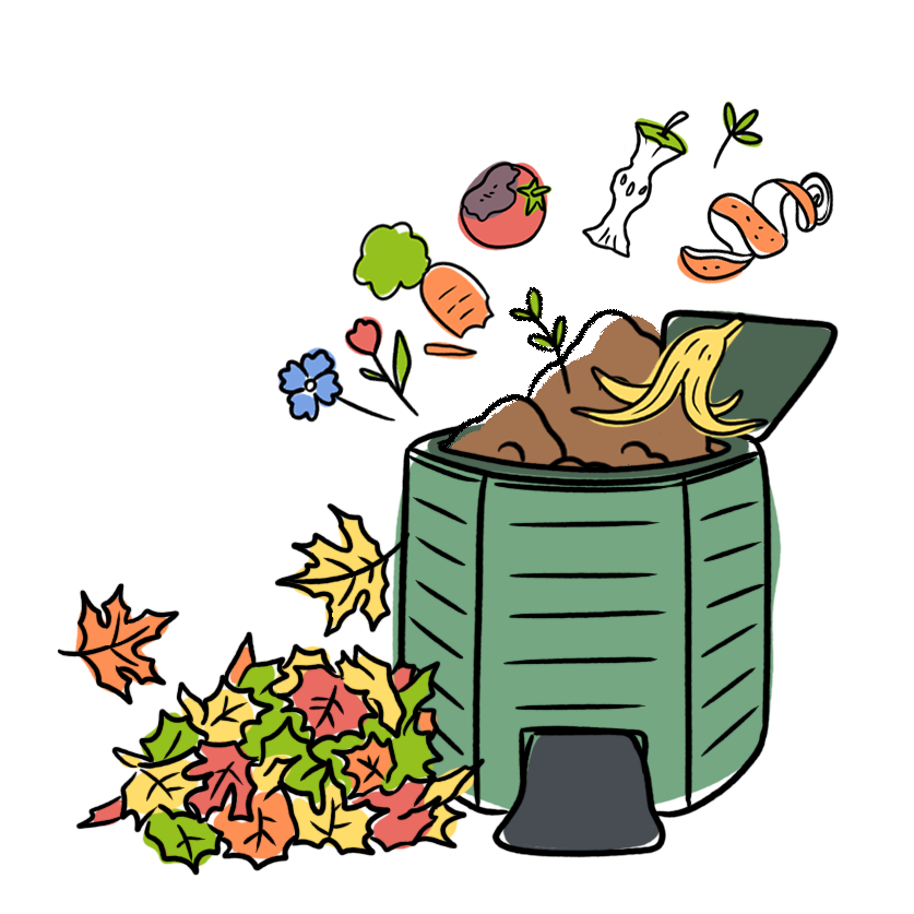 Dessin de composteur avec des feuilles, des fleurs et des restes de fruits et légumes